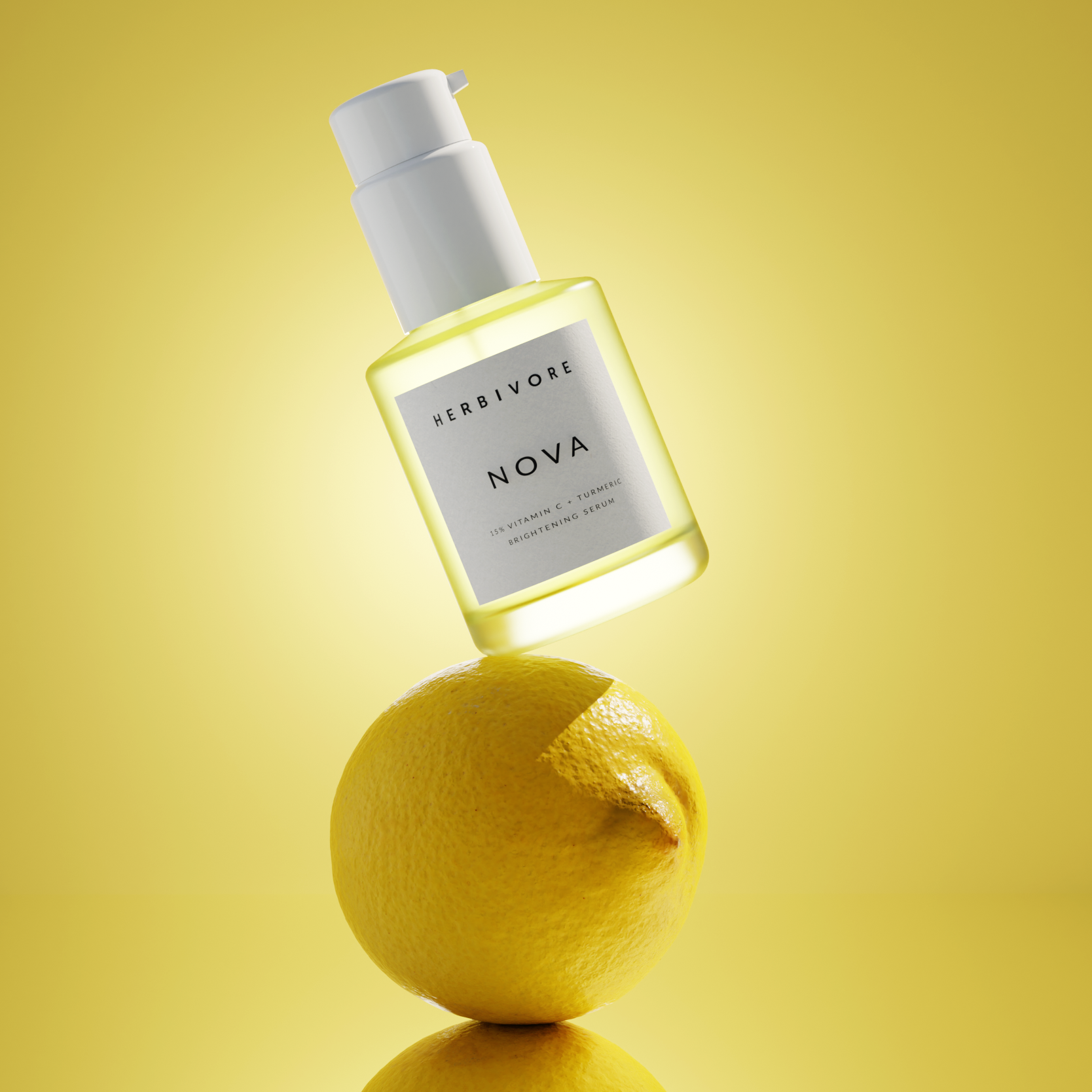 A CGI product shot of Herbivore Botanicals serum bottle placed on top of lemon with a yellow background 