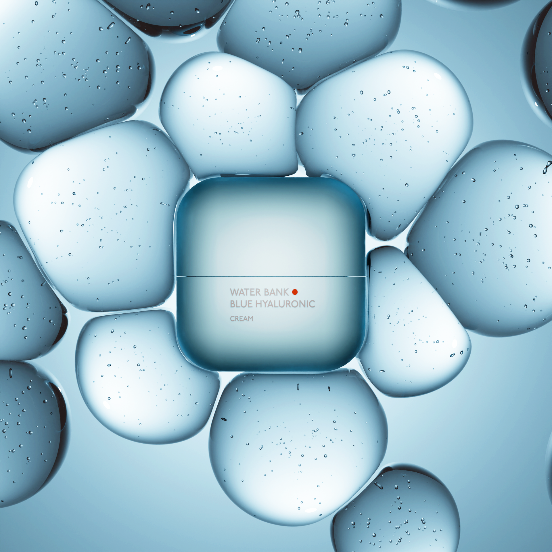 CGI 3D image of Laneige cream surrounded by large water drops