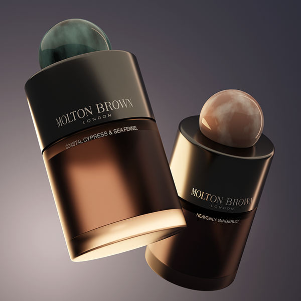 A CG shot of two Molton Brown perfume bottles 