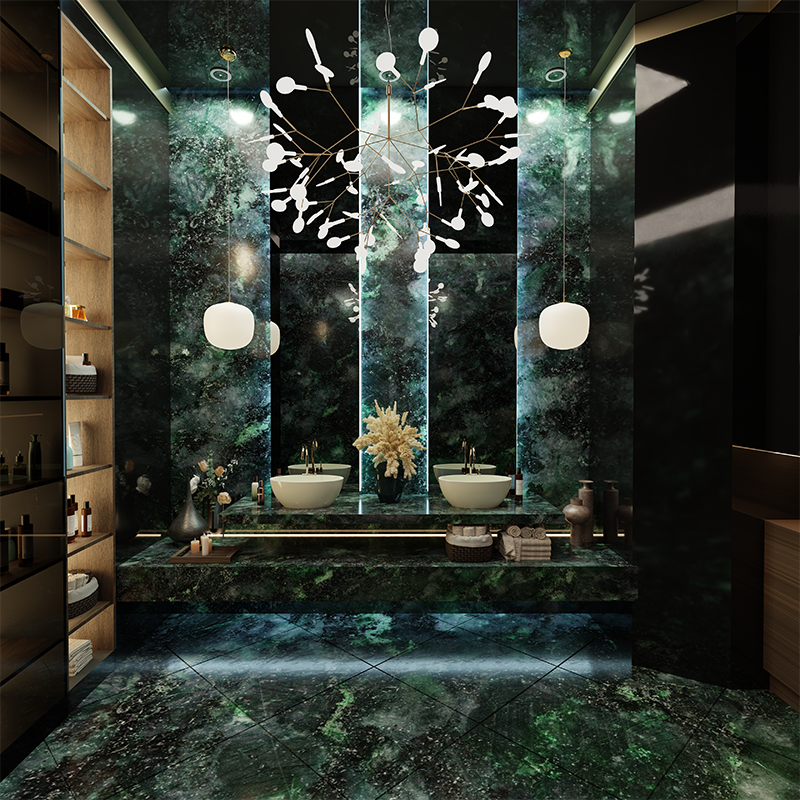 Dark bathroom design with black and green marble