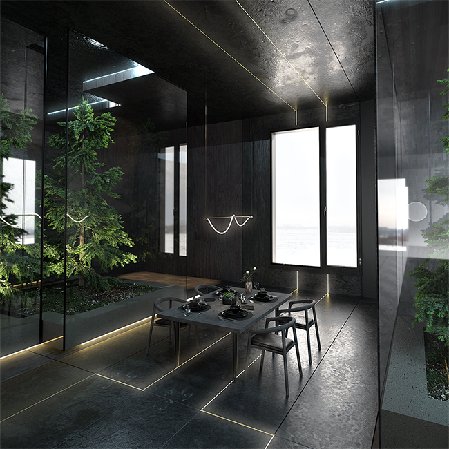 A 3d visualisation of a dining room in black tones 