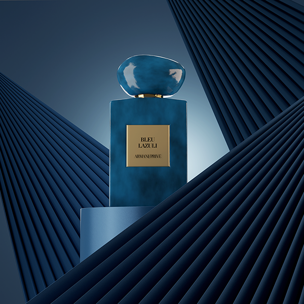 A CG shot of Armani Prive Bleu lazuli perfume on a blue stand surrounded by blue folding fans
