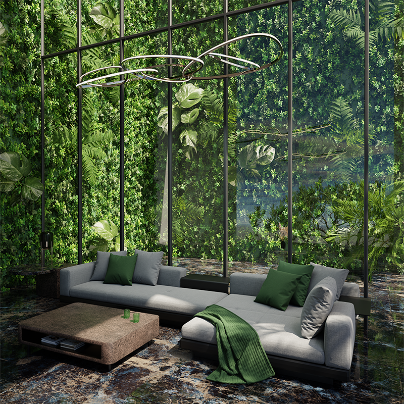 3D visualization of the interior scene with a gray sofa and a wall full of plants