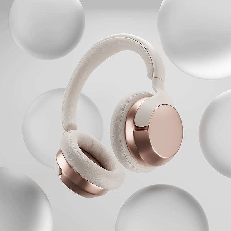 3D visualization of headphones surrounded by semi-transparent bubbles