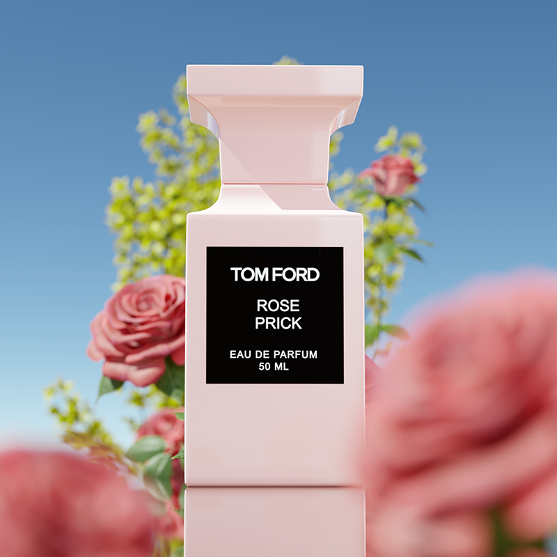 Tom Ford perfume commercial with pink roses and blue sky in the background
