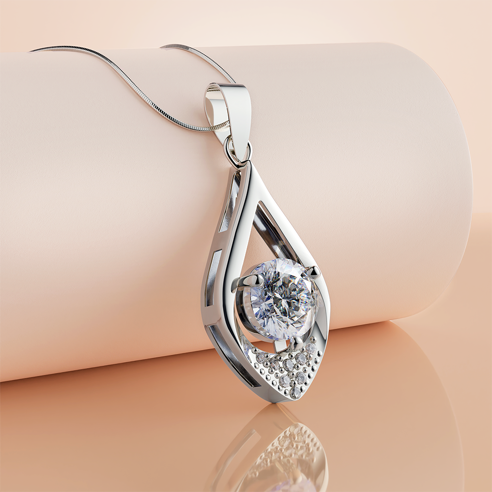 Photorealistic 3D render of a diamond necklace on a pink background