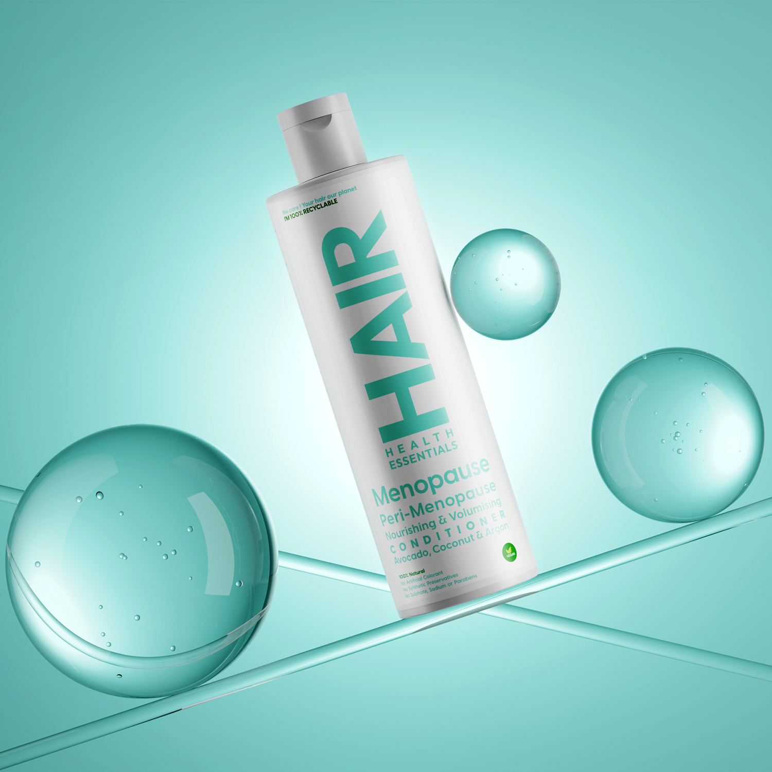 Photorealistic 3D render of a hair product balancing on the glass