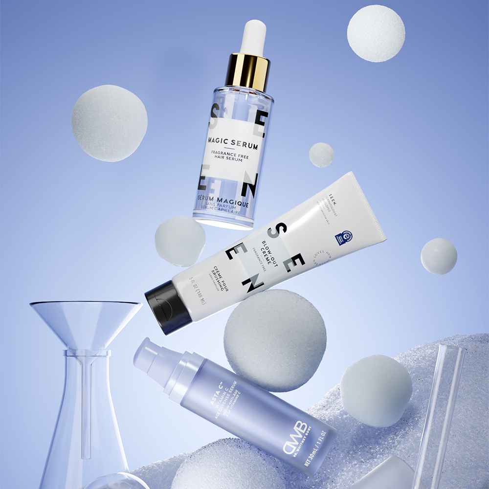 3d render of a Christmas snowball with skincare products inside